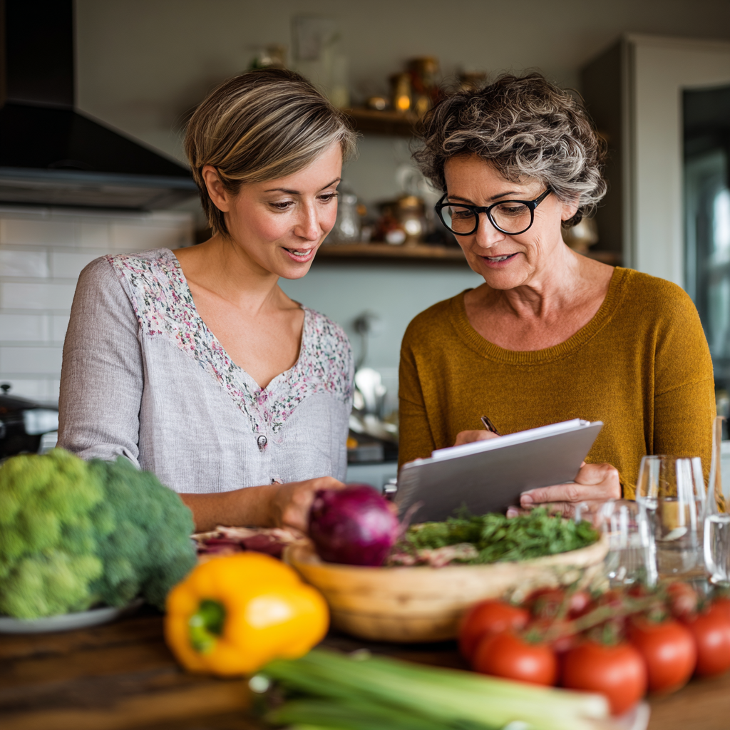 nutritionist consulting with middle-aged woman about healthy meal planning